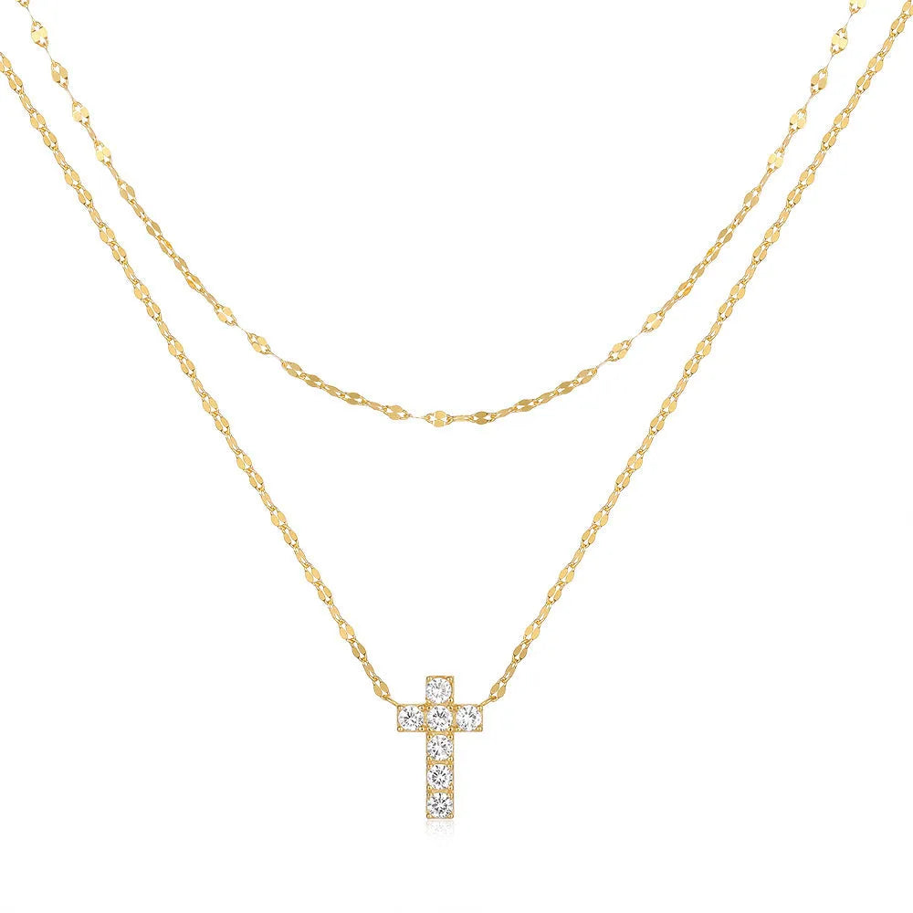 S925 sterling silver necklace with double layer twin diamond cross pendant on delicate clavicle chain