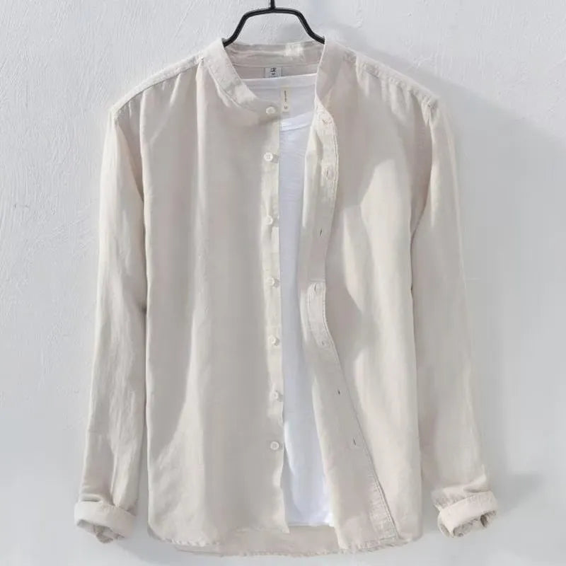 Men's loose fit long sleeve linen cotton shirt in solid colours: dark blue, light blue, khaki, grey, white