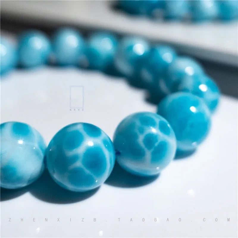 Blue natural crystal sea-pattern stone bodhi bracelet with pearl elements in Maillard style unisex design