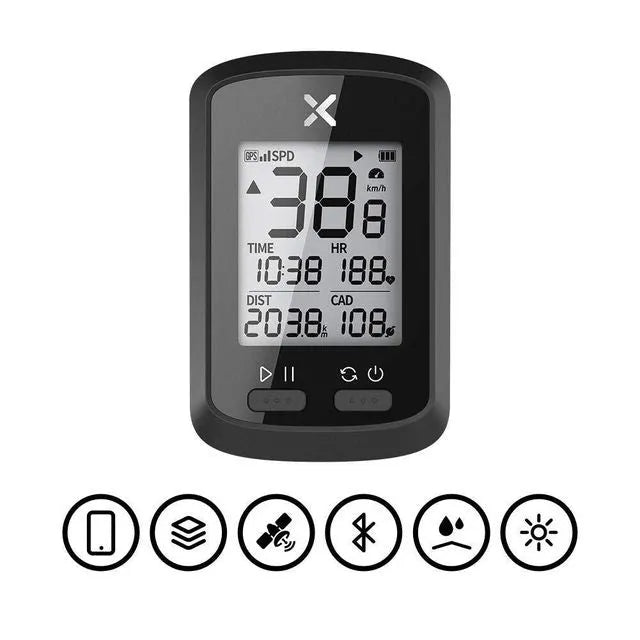 Black plastic waterproof digital stopwatch for bicycle handlebars.