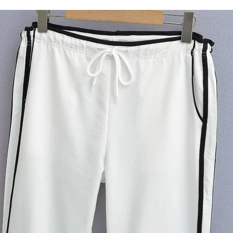 Women's loose straight draping pants with ribbon contrast colour design in European style