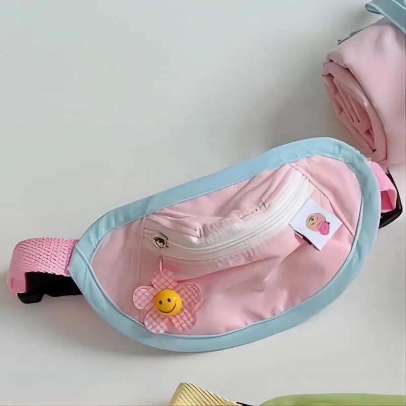 Powder blue messenger-style backpack for dog poop bags on an adjustable strap.