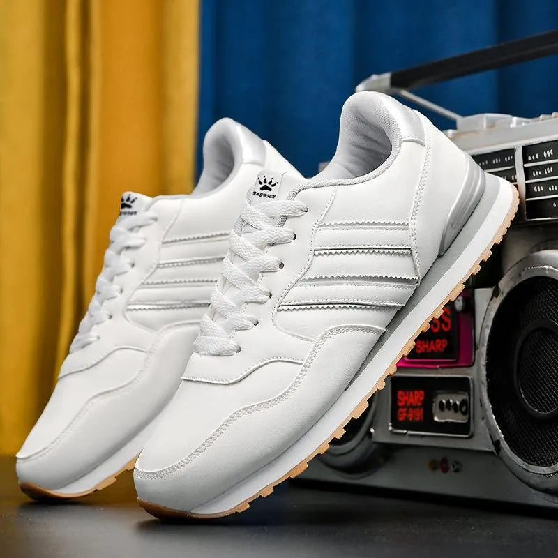 Leather men's casual lightweight running sports shoes with carved wing pattern, super high heel, round toe, in black and white sizes 39-47