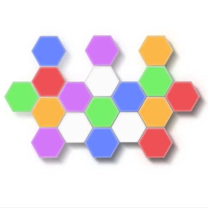 Helios modular honeycomb touch wall lamp showing geometric LED light panels arranged on wall