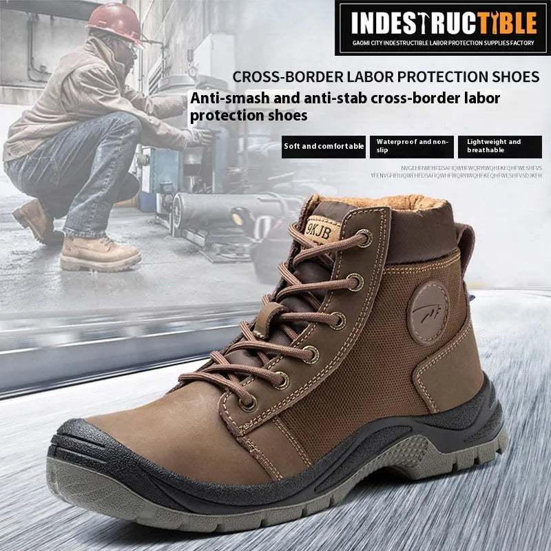 Lightweight orange leather labour protection safety shoe with rubber sole on a work site background.