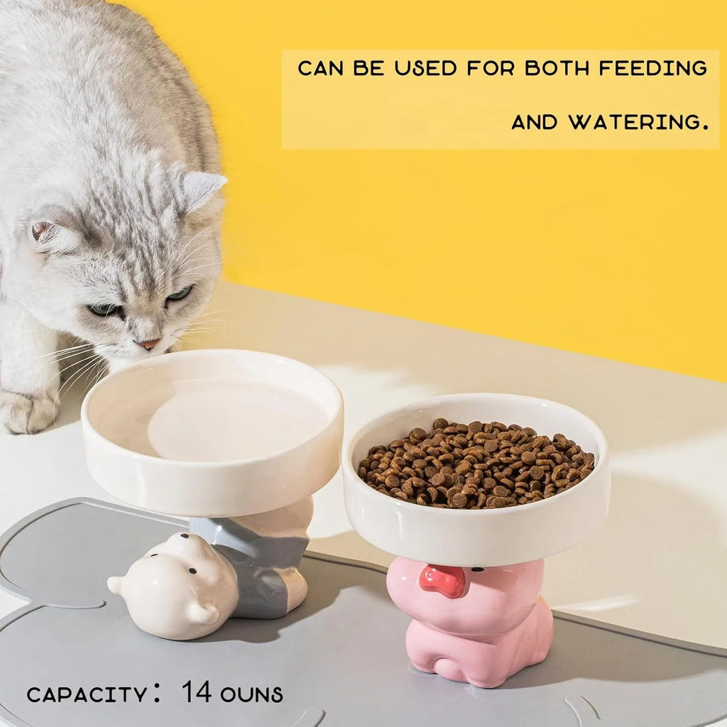 Raised ceramic cat bowl with animal design for elevated feeding