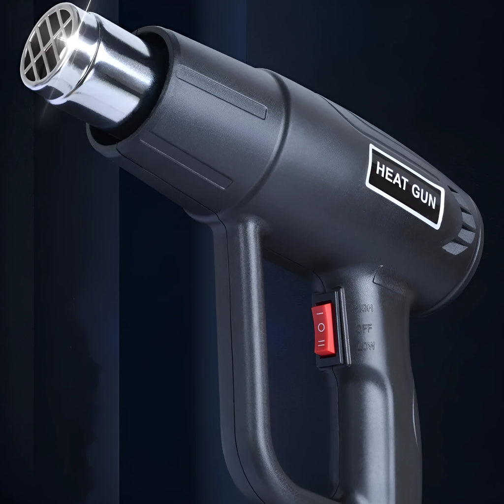 Black and silver industrial hot air gun with a grid-pattern nozzle and two-gear switch on the handle.
