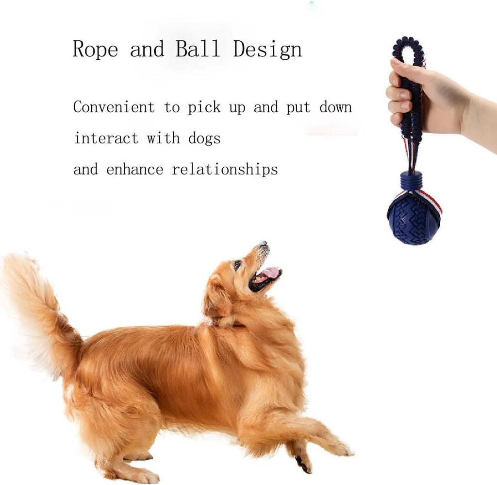 Blue natural rubber dog ball with rope attached, measuring 6.5cm in diameter