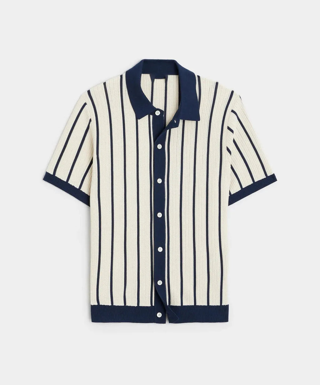 White men's short sleeve knitted shirt with lapel collar and asymmetric design