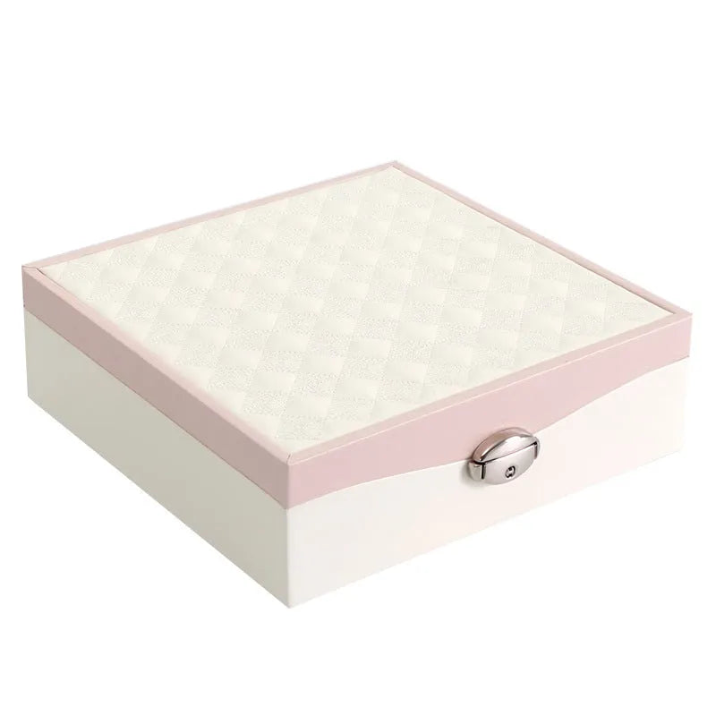 Red PU leather jewellery storage box with large capacity for rings and necklaces.