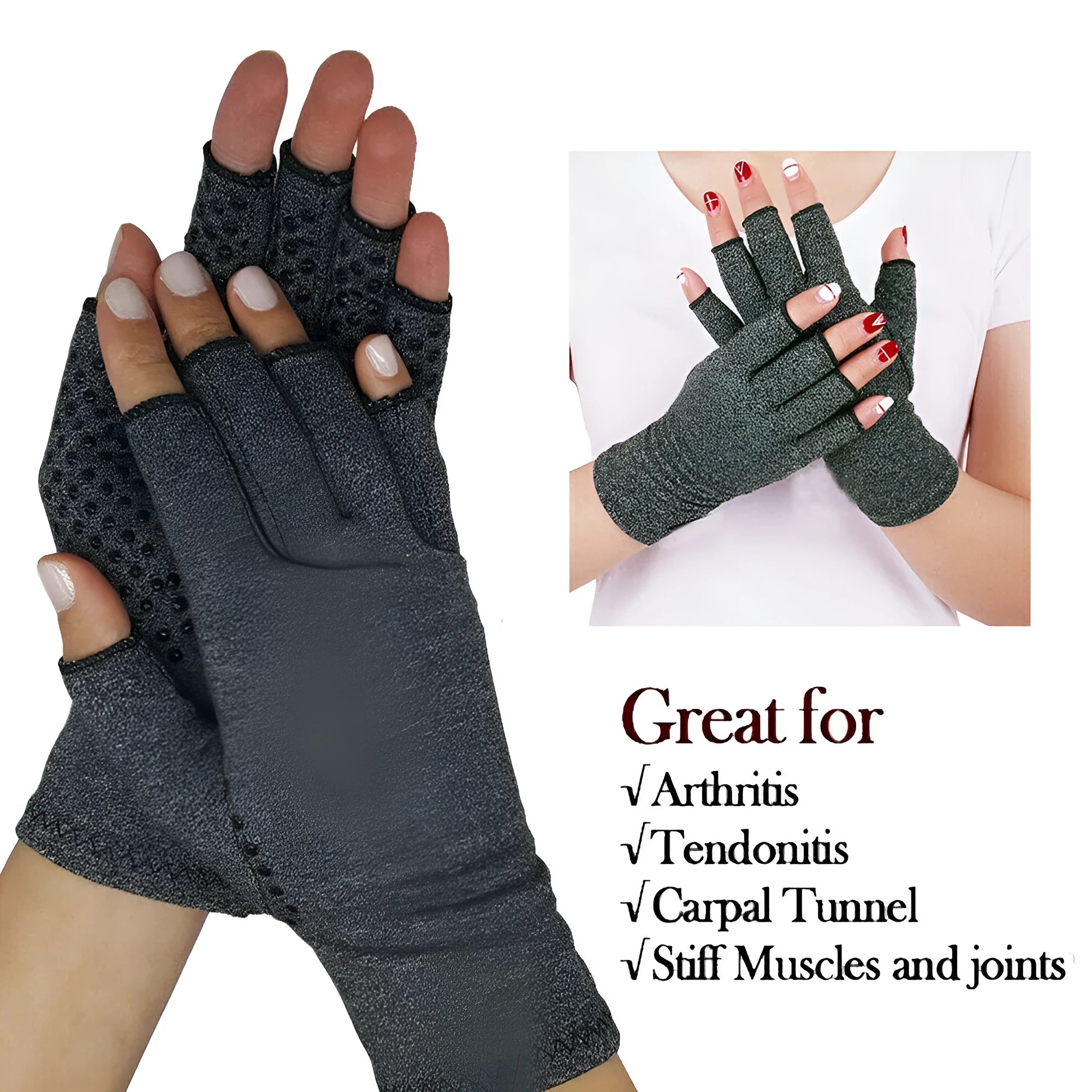 Gray half finger compression gloves with anti-slip surface for joint support