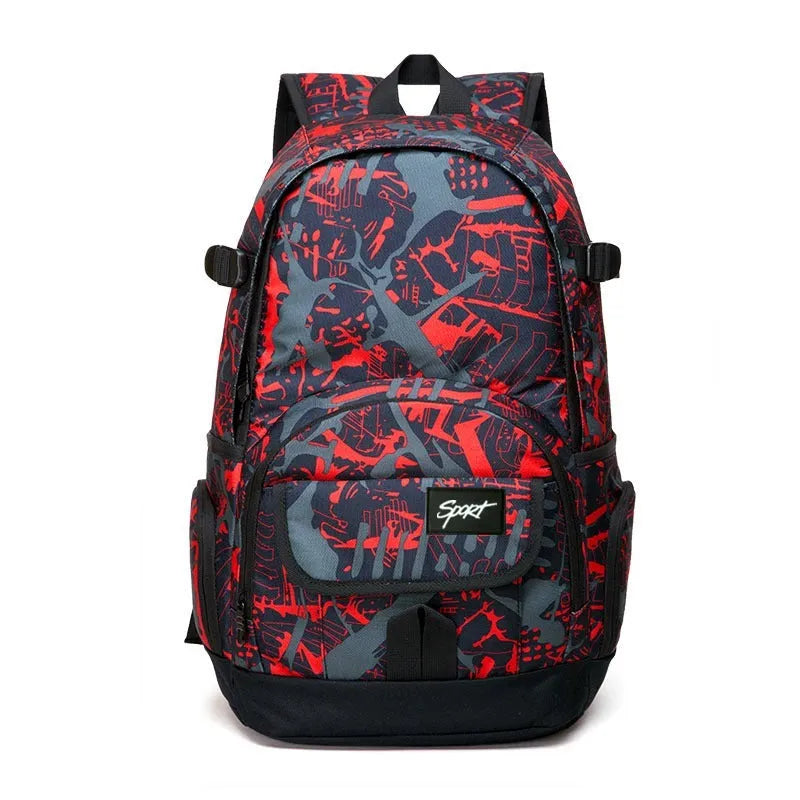 A blue classic nylon backpack with large capacity, showing padded straps and a front pocket.