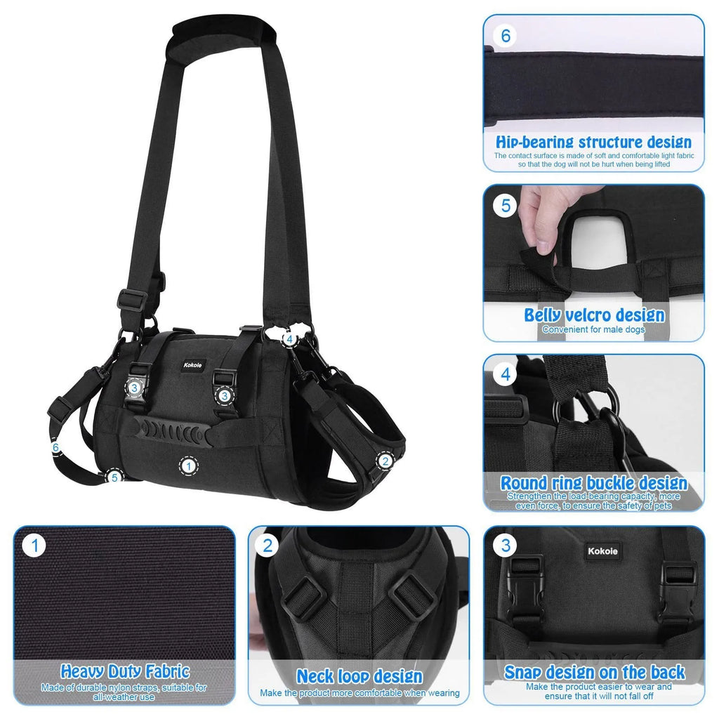 Black Oxford cloth dog harness with leg support straps shown on a dog model.