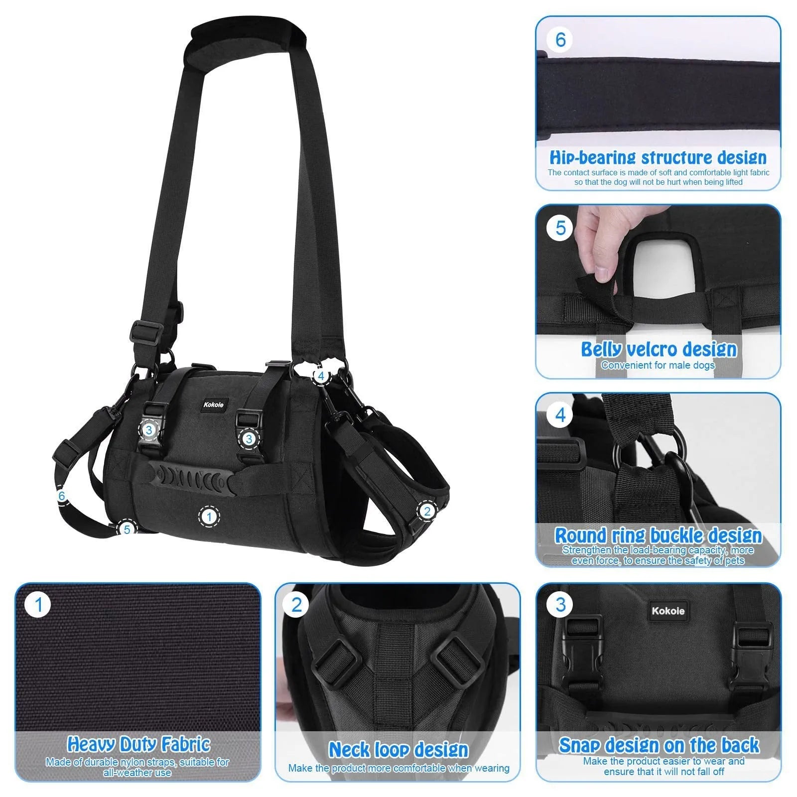 Black Oxford cloth dog harness with leg support straps shown on a dog model.