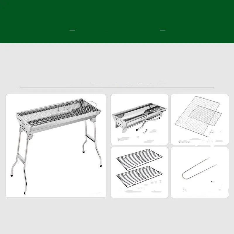 Stainless steel portable folding barbecue oven for outdoor cooking.