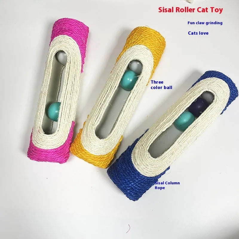 Sisal cat toy with plastic ball in blue colour, 28.5cm long, on white background