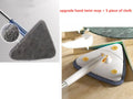 Blue and white triangular cleaning mop with a long stainless steel pole extended for ceiling cleaning.