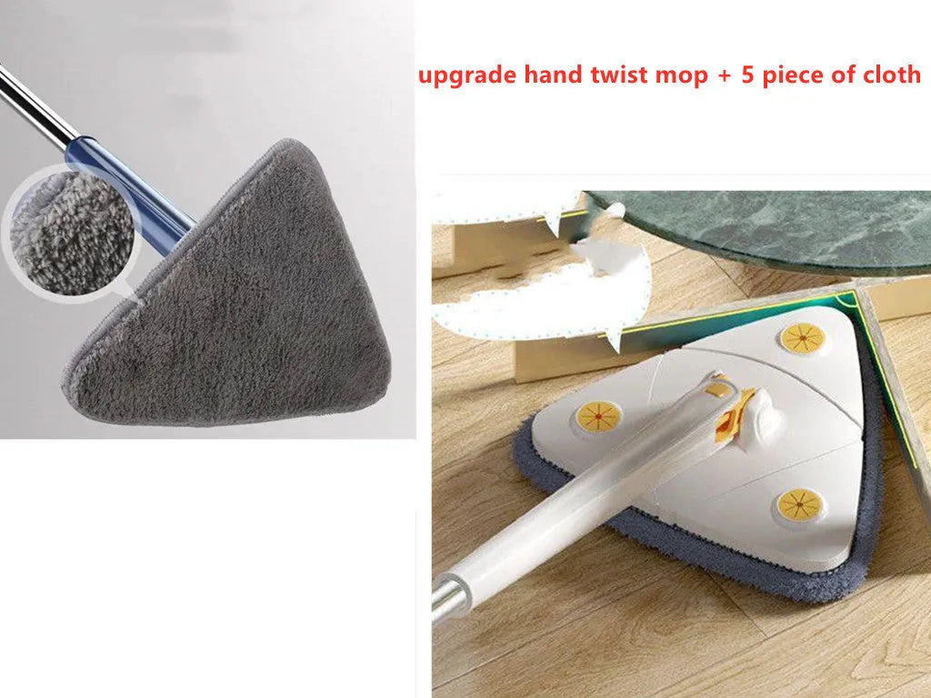 Blue and white triangular cleaning mop with a long stainless steel pole extended for ceiling cleaning.