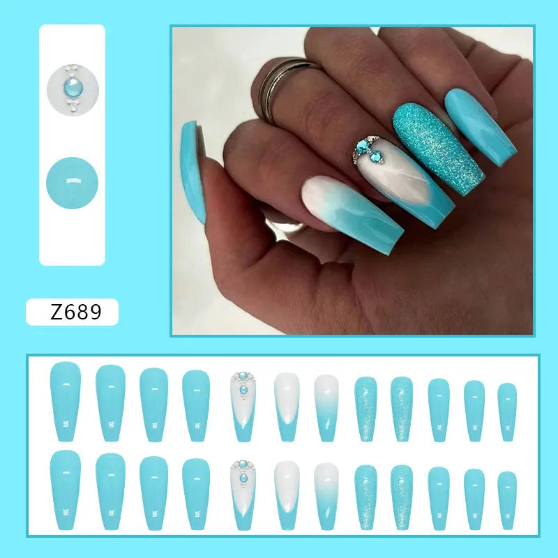 Smart blue diamond artificial long ballet nails with debris salt decorative design