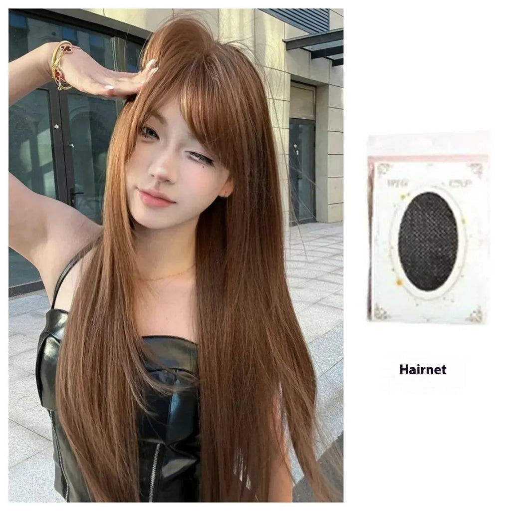 Long straight wig with bangs in warm tea chestnut brown high temperature fibre for women