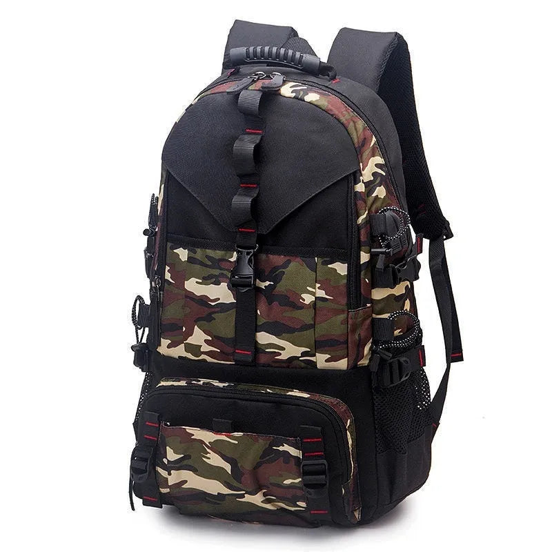 Men's large waterproof Oxford cloth hiking backpack with contrasting colours and an air pillow belt system.