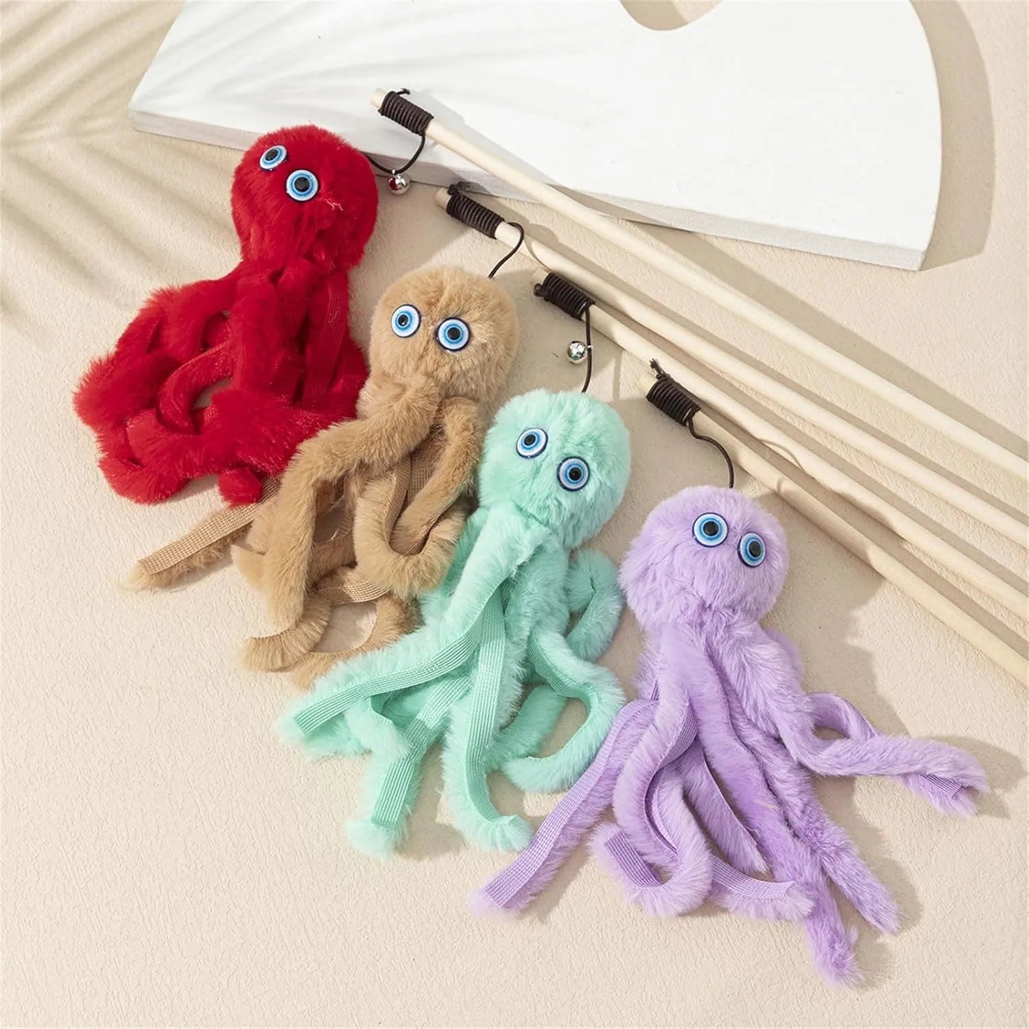 Furry octopus cat toy with eyes on 40cm flexible wand in choice of colours