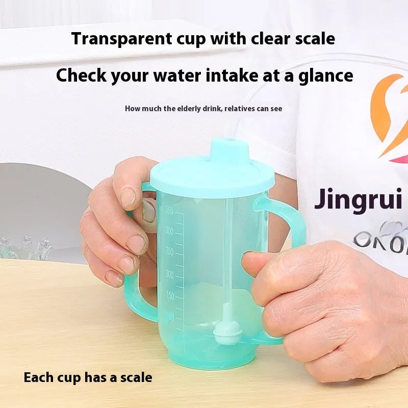 Oblique mouth choke-proof drinking cup for bed-bound adults with optional wrist splint attachment