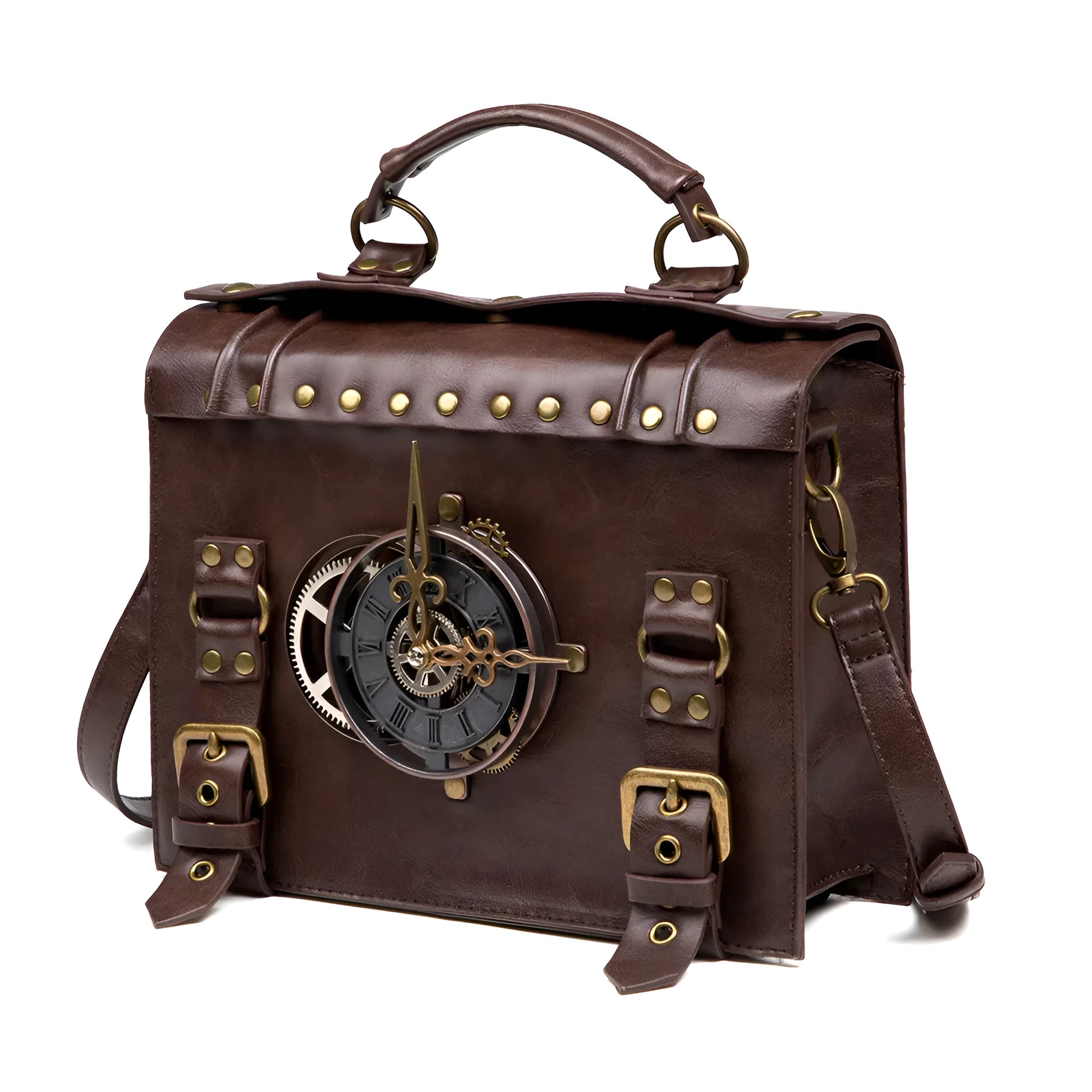 Bronze steampunk shoulder bag with metal detailing and horizontal pillow shape