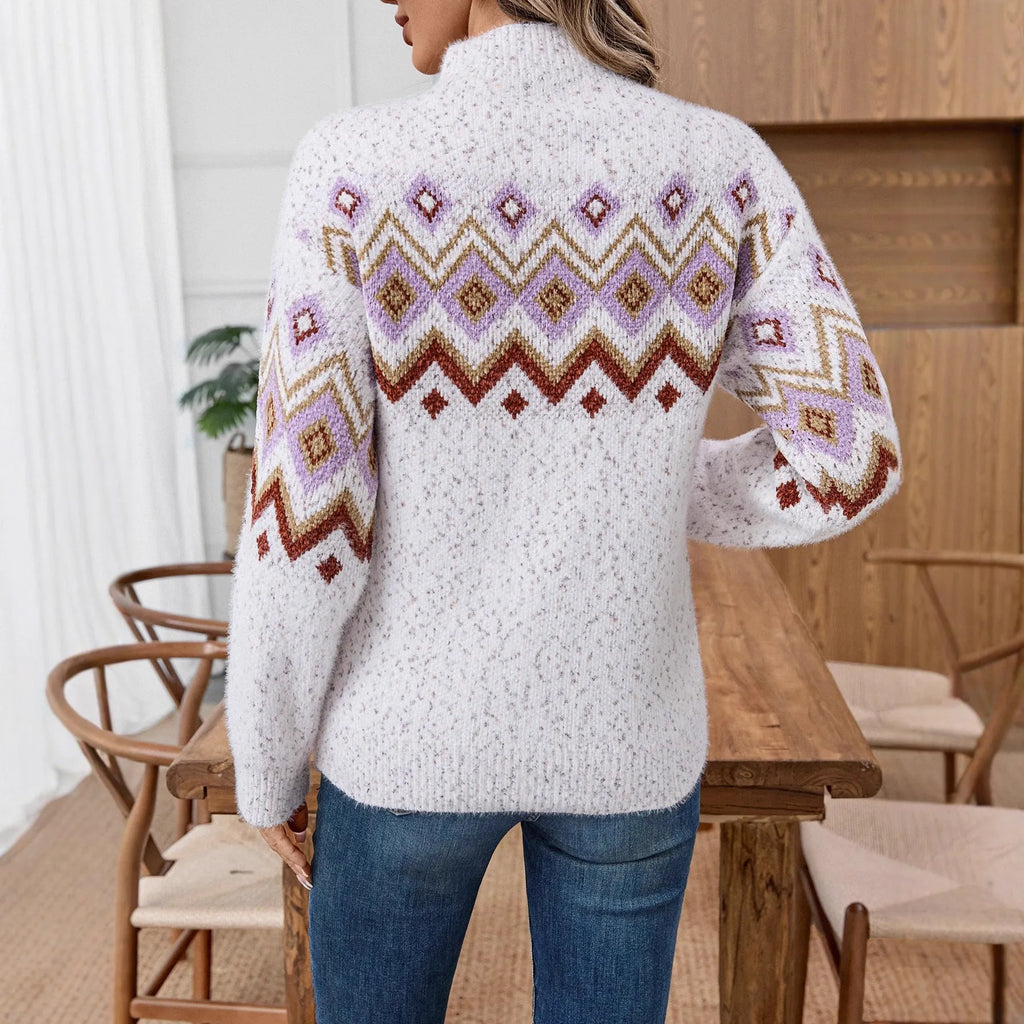 White geometric pattern half turtleneck jacquard sweater with contrast colours and loose street fashion fit