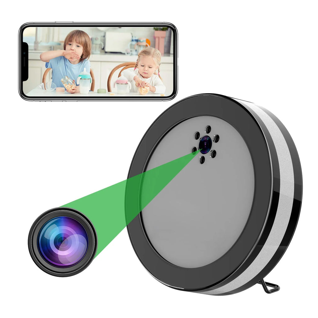 Wireless smart surveillance camera in black with night vision and voice conversation, compact size 15 by 15 by 4 cm