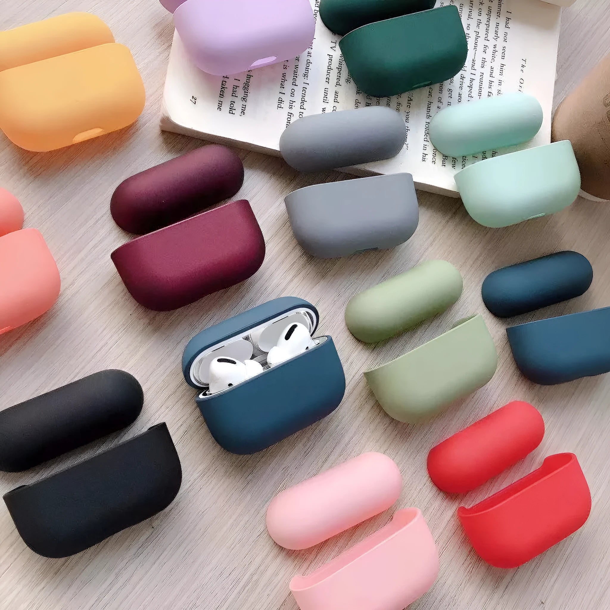 Plastic protective case for AirPods Pro showing multiple colour options