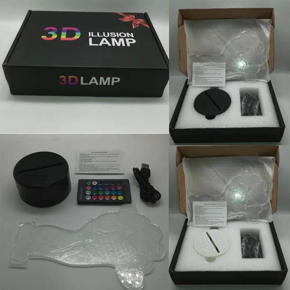 3D rose flower night light with colour-changing LED and remote control on a black base.