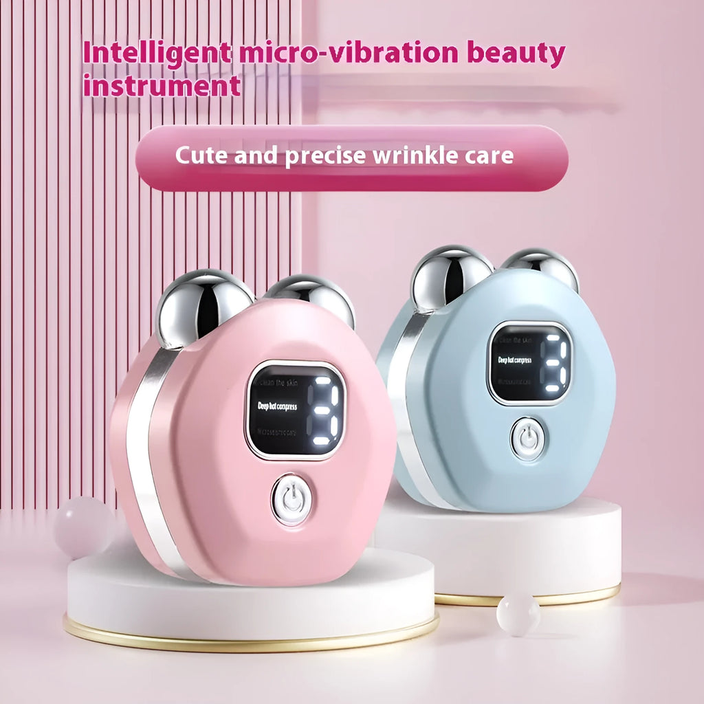 Portable white facial massage instrument with double-roller head for hot compress and micro current therapy.