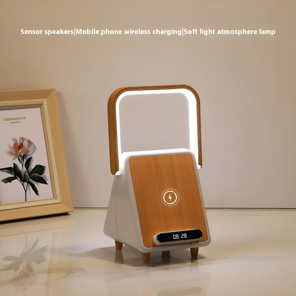 Wireless charging Bluetooth speaker with induction night lamp in Platinum Jazz finish, shown on a tabletop