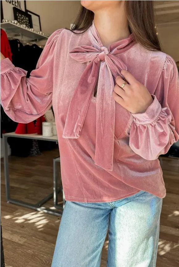 Fuchsia solid colour velvet ribbon bow knot long sleeve blouse with 100% polyester fabric, front view