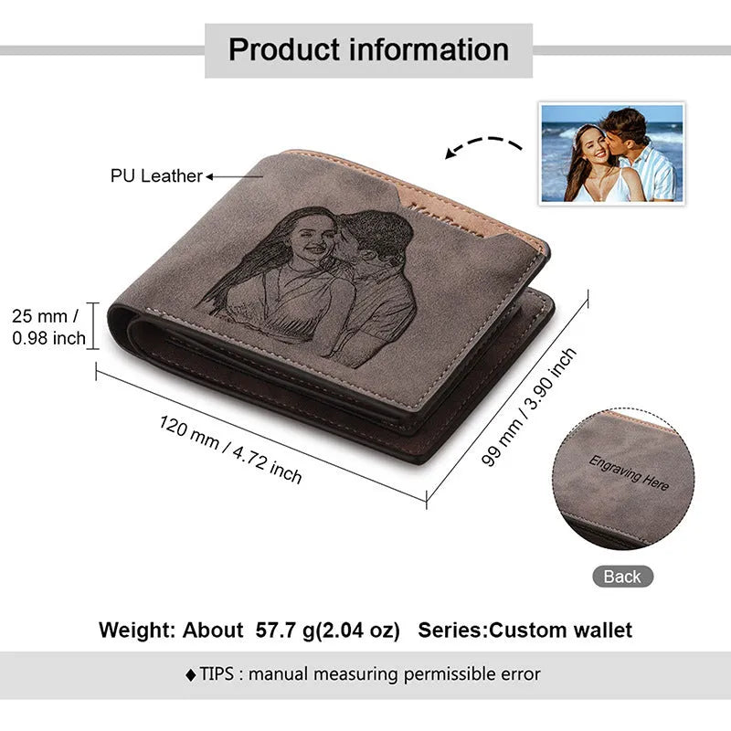 Coffee coloured PU leather engraved wallet showing personalisation panel, closed dimensions 120mm by 99mm.