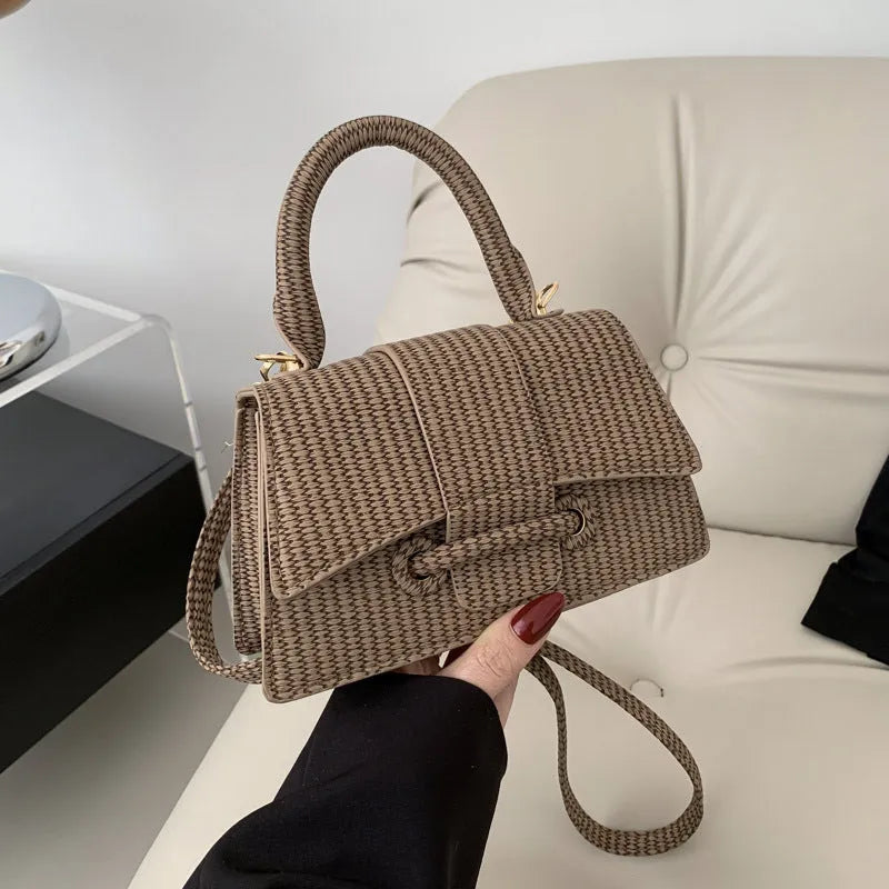 French fashion casual PU leather shoulder messenger crossbody bag for women in khaki with outer sandwich pocket