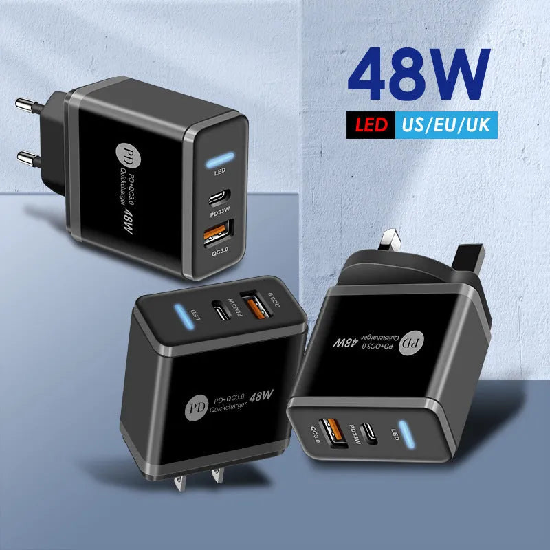 PD48W fast charging mobile phone charger with Type-C USB and LED indicator, UK black plug