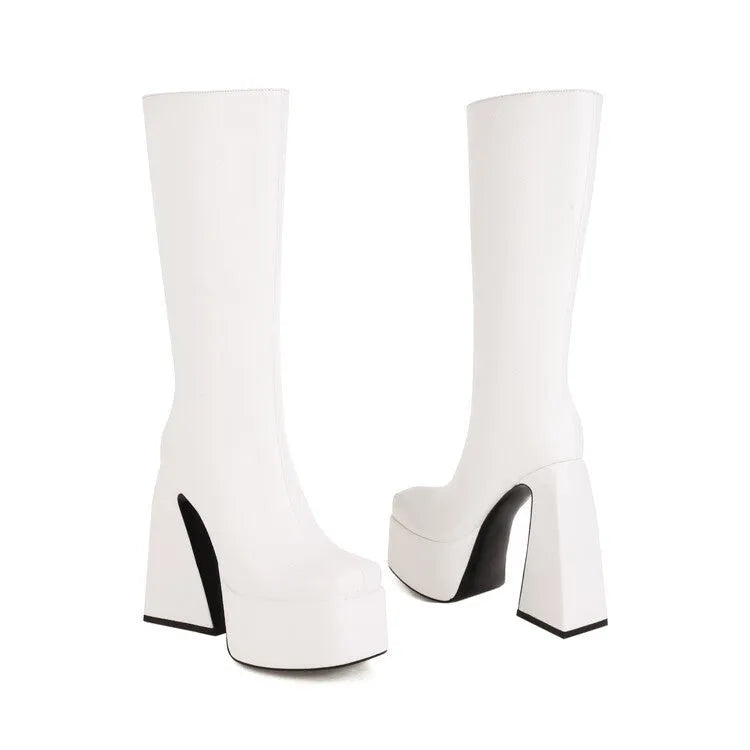 Women's black casual high boots with a PU leather upper, shown alongside red, blue, and white colour variants.