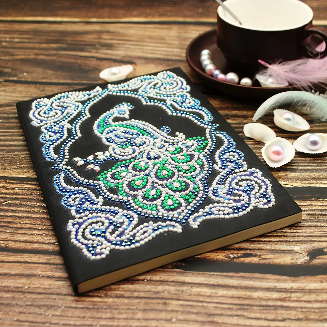 Peacock Beauty diamond painting notebook A5 size with shaped and bright drill decoration on black cover