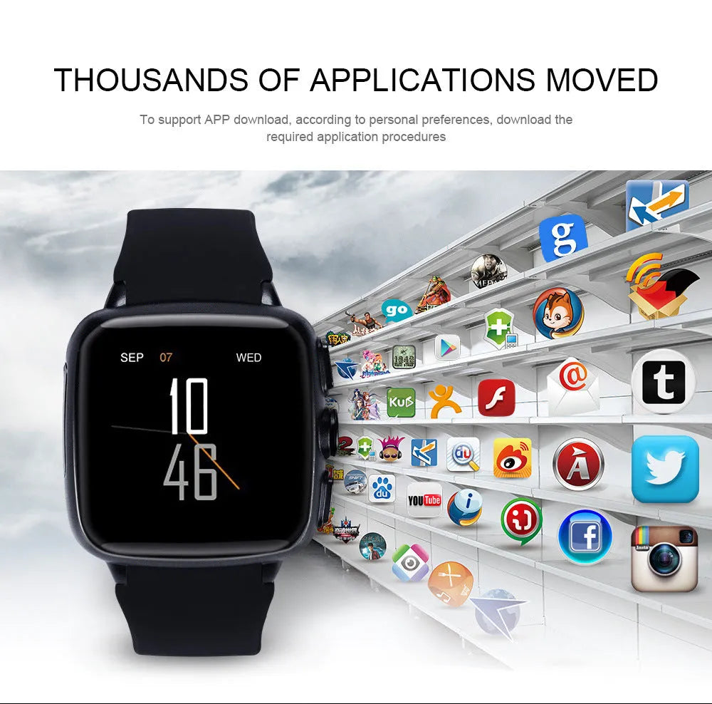 Android smart watch with touchscreen display showing interface, available in black and white colours