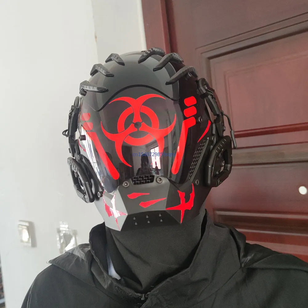 Black full face prop helmet with Bioweapon tech style for cosplay costumes