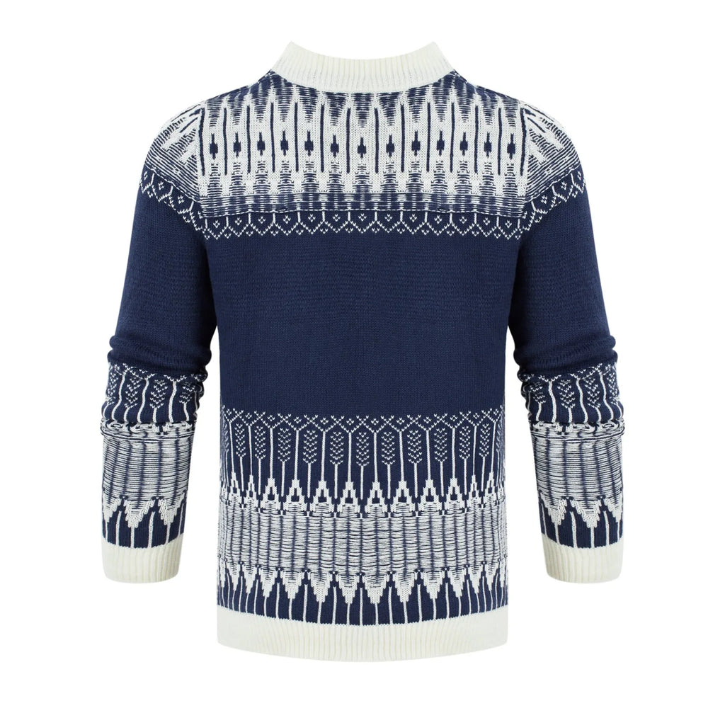 Men's grey knitted long-sleeve pullover sweater for winter, shown on a model.