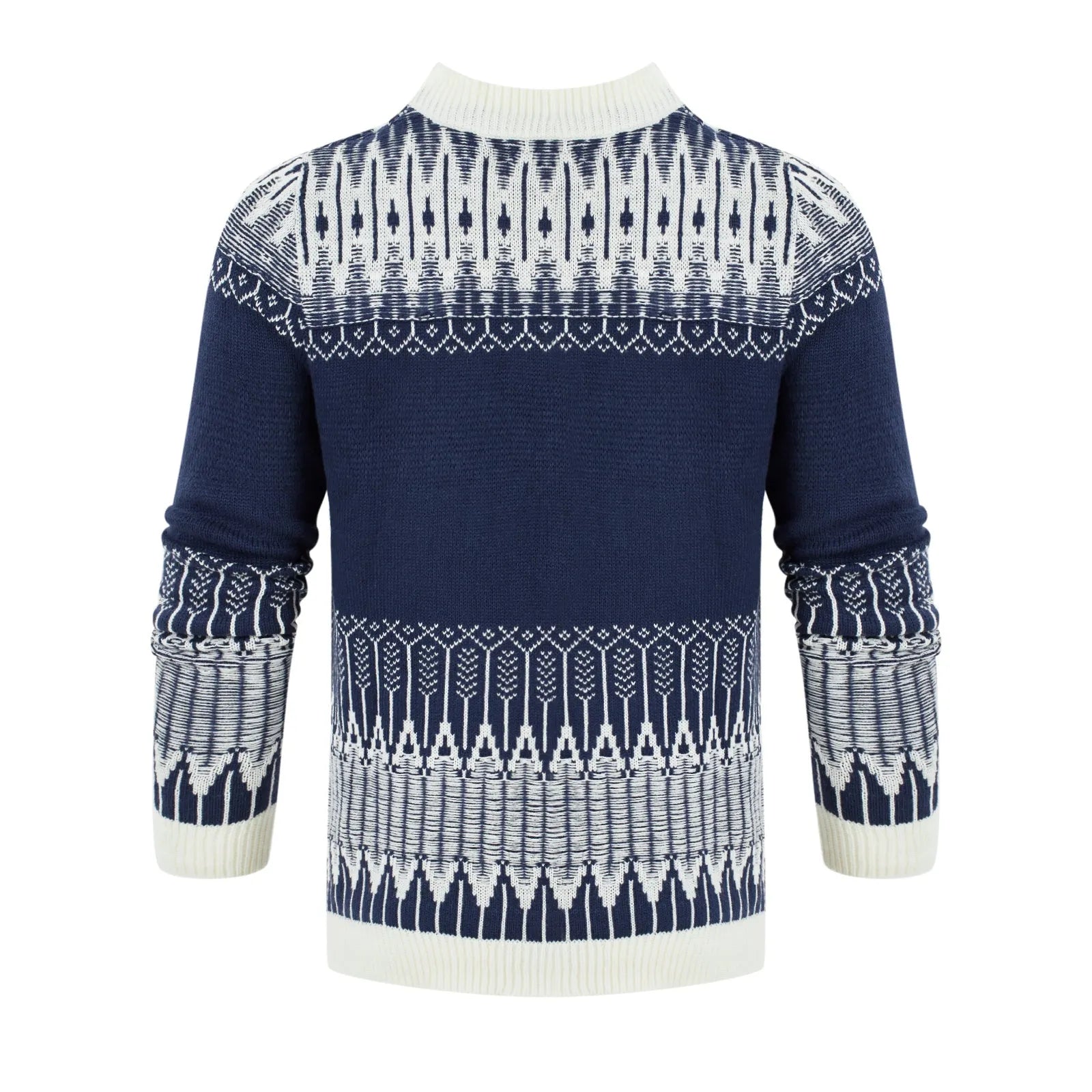 Men's grey knitted long-sleeve pullover sweater for winter, shown on a model.