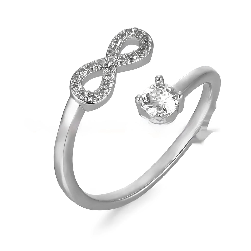 Metal ring with zircon letter initial and geometric design in gold, rose gold or silver colour options