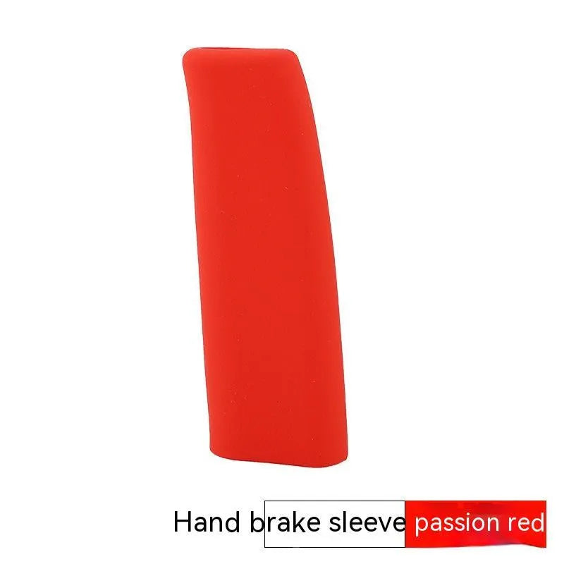 Universal silicone car handbrake sleeve in black, shown next to grey, beige, red, and blue colour options.