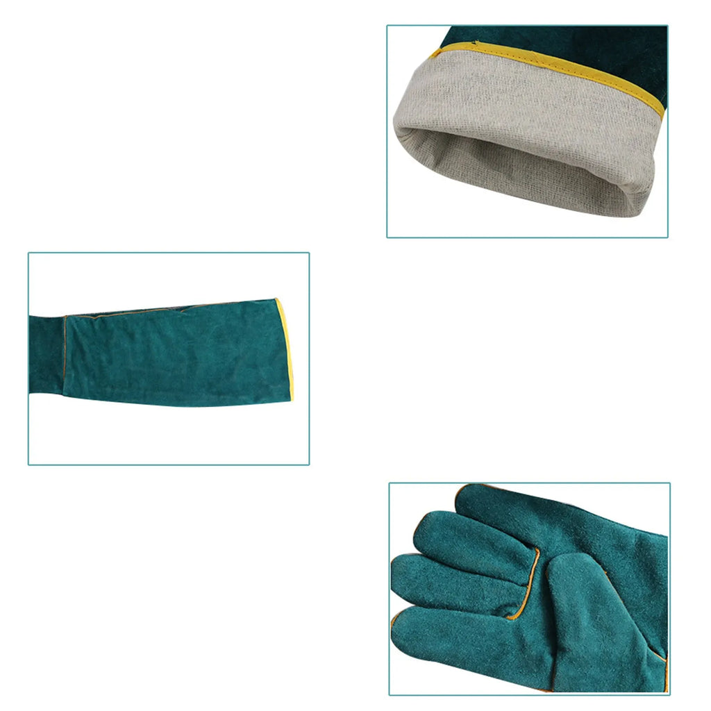 Pair of dark green multi-function anti-bite safety gloves with extended cuffs made from thickened cowhide leather for pet handling.