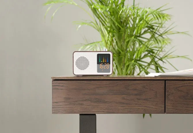 Brown retro Bluetooth speaker with FM radio, fabric grill, and telescopic antenna