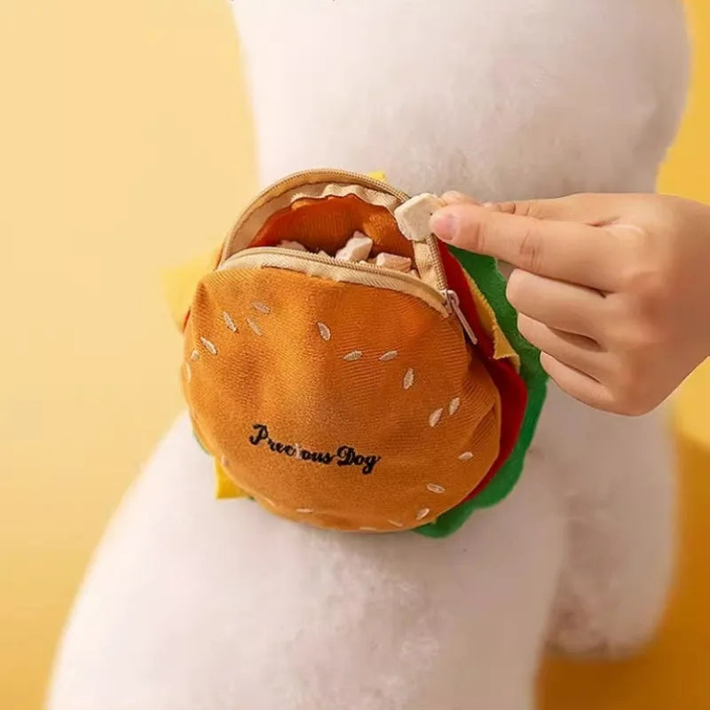 Cartoon hamburger print adjustable vest leash and backpack for a dog.