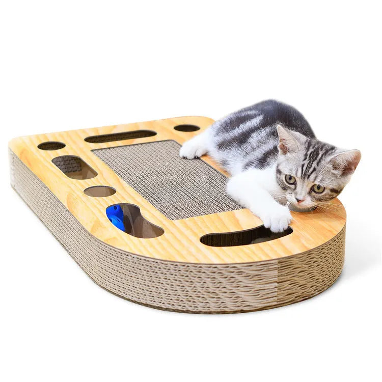 Brown corrugated cat scratch board with attached ball measuring 50.5x30.5x6cm
